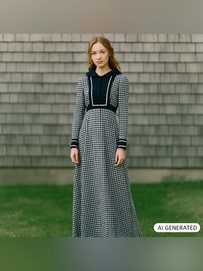 Vintage 1960's Black White Gingham Long Sleeve Maxi Dress Prairie  Nautical
